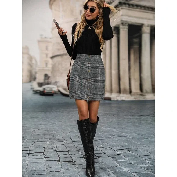 Plaid skirt Button Front plaid mini Skirt gray
